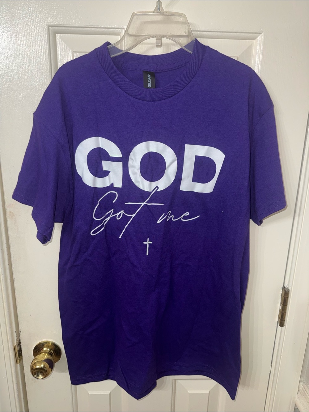 Gildan Purple Short Sleeve Tee with White 'GOD Got me' Print